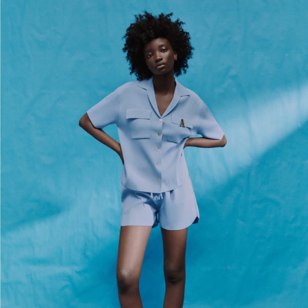 Zara Knit Coord Set Polo and Shorts in Blue